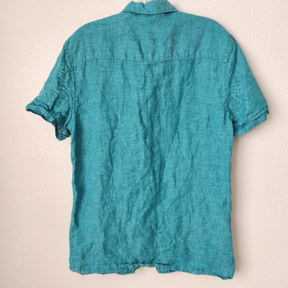 Perry Ellis 100% Linen Short Sleeve Button Down Turquoise  Shirt Mens S - Picture 3 of 12